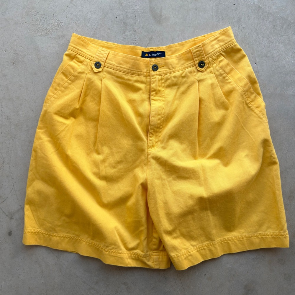 Lizsport Vintage High‎ Waisted Pleated Shorts Yellow Cotton Mom Shorts Size 14